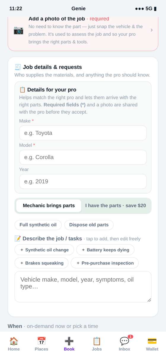 Booking mobile car care in the Genie app — mobile car care that comes to your driveway