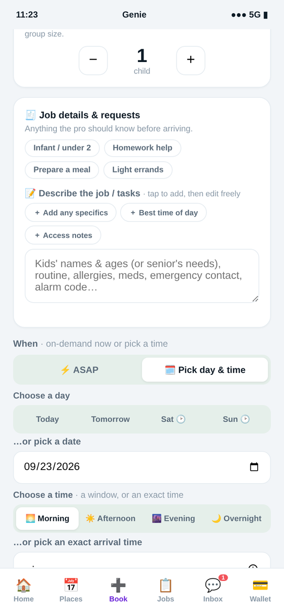 Booking child & senior care in the Genie app — babysitting one-off, or a recurring nanny schedule