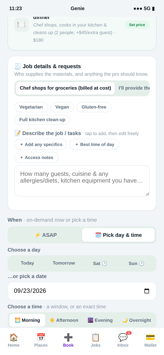 Booking personal chef & meal prep in the Genie app — personal chef & meal prep, briefed to your kitchen