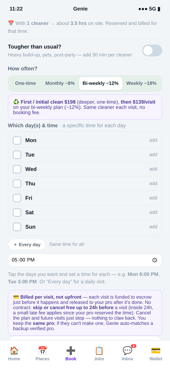 Booking home & deep cleaning in the Genie app — set a recurring plan and keep the same cleaner