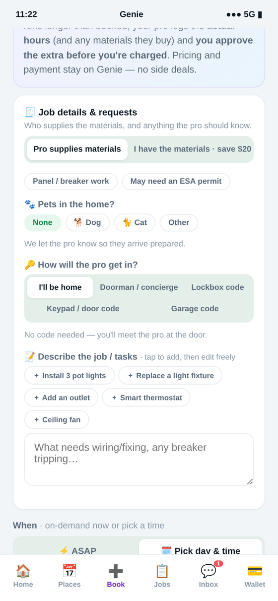 Booking electrical in the Genie app — licensed, insured electricians — matched to your job