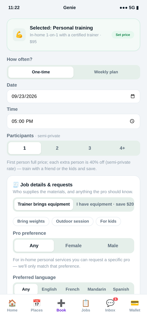 Booking fitness & training in the Genie app — one-time or a recurring training plan