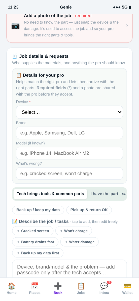 Booking electronics, tv & smart home in the Genie app — device, model and the problem — captured up front