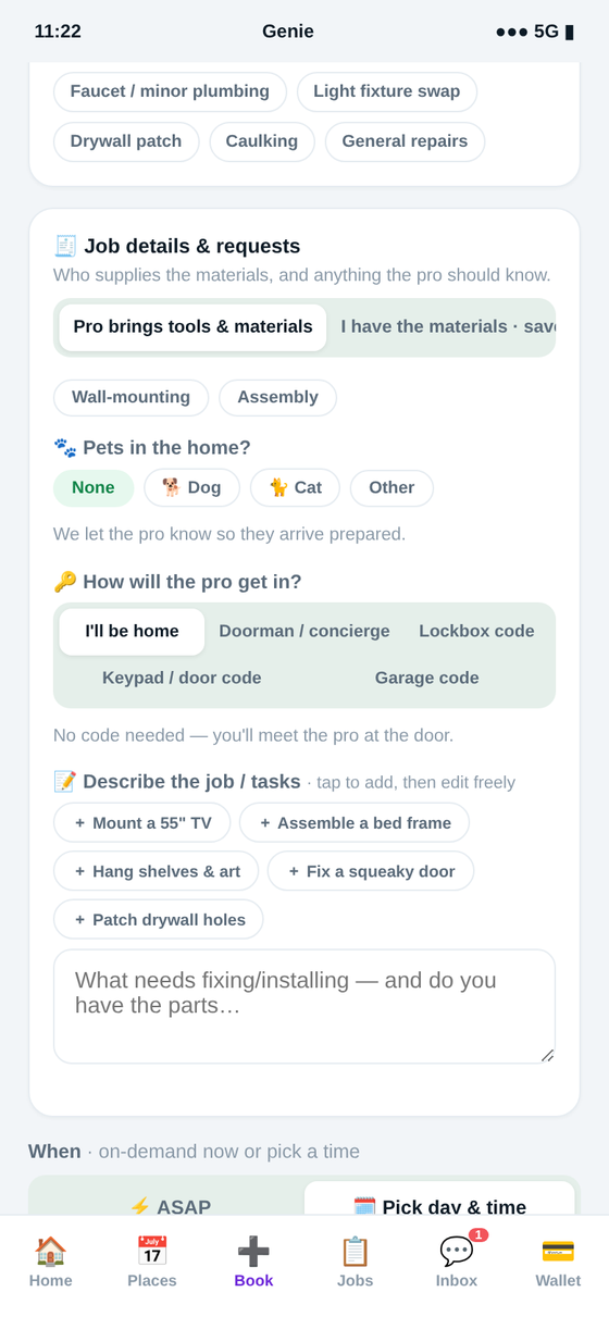 Booking handyman & assembly in the Genie app — describe the job and add a photo so the pro arrives ready