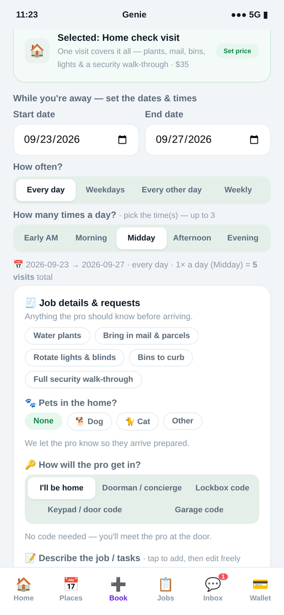 Booking home & house sitting in the Genie app — house-sitting & check-in visits, scheduled by day
