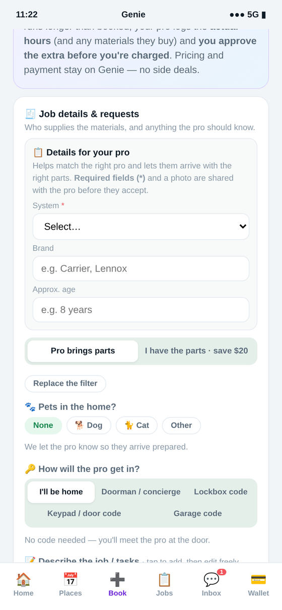 Booking hvac & appliances in the Genie app — licensed hvac & appliance pros, matched to the fault