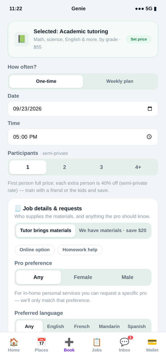 Booking lessons & tutoring in the Genie app — one-time session or a recurring weekly plan