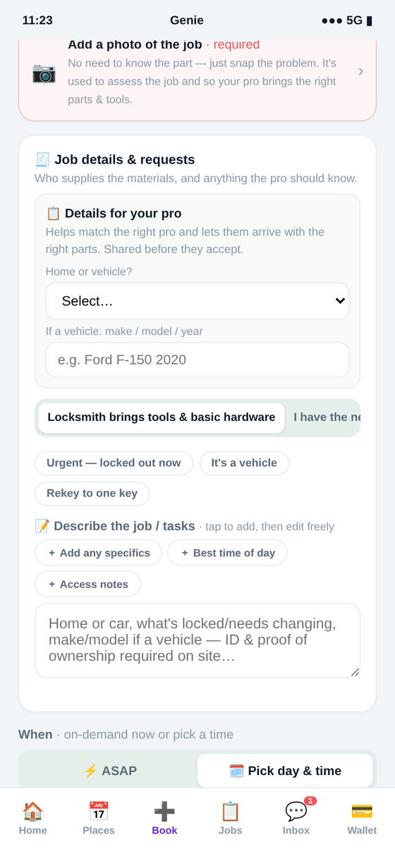 Booking locksmith in the Genie app — home or car lockout — a licensed locksmith, fast