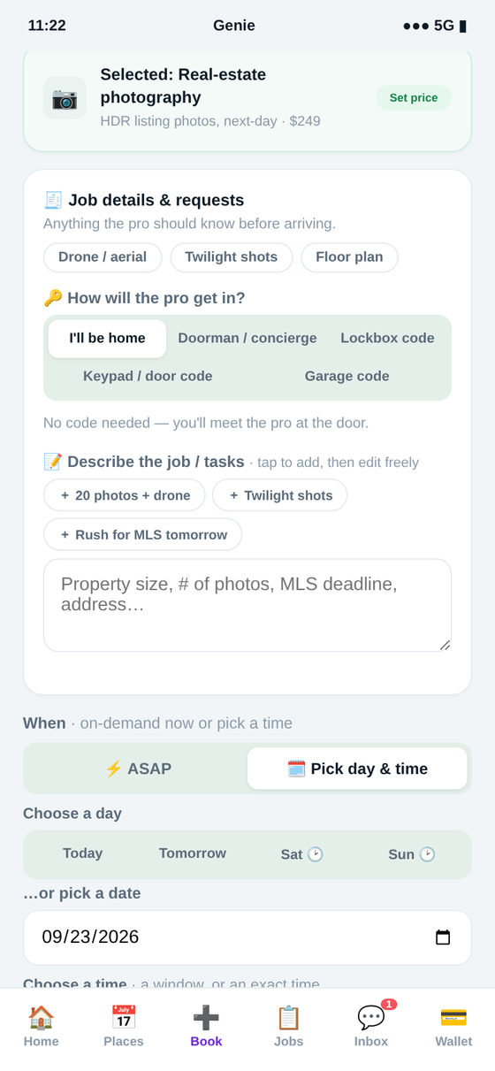 Booking real estate & media in the Genie app — real-estate photography, briefed to the property