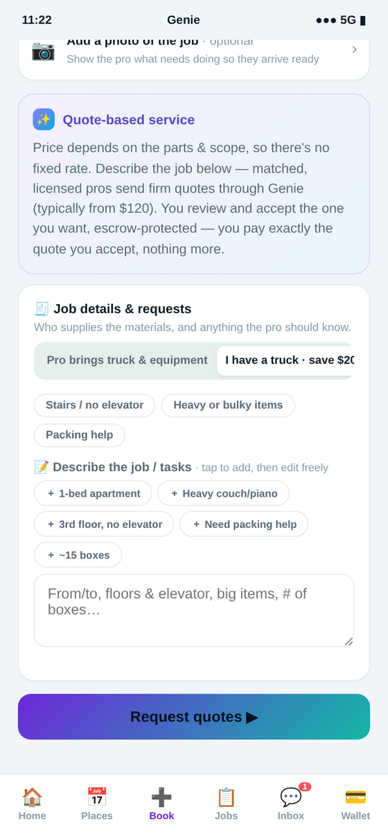 Booking movers & delivery in the Genie app — truck or muscle-only, stairs and boxes all captured