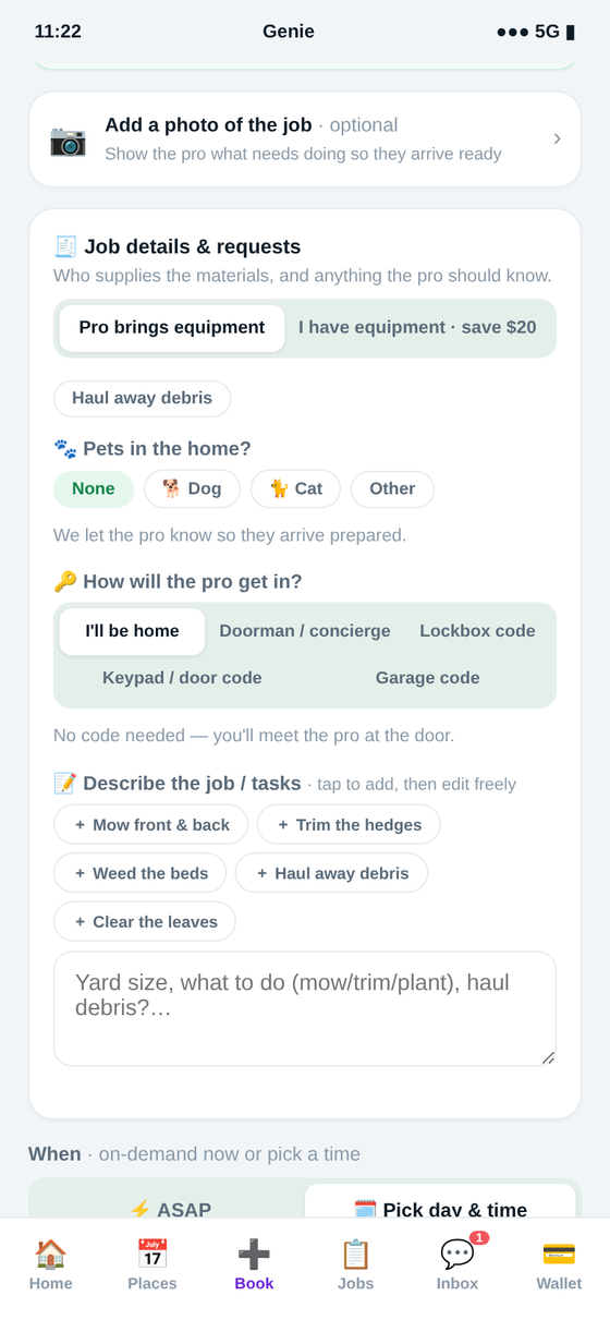 Booking outdoor & seasonal in the Genie app — seasonal & outdoor work, priced before you book