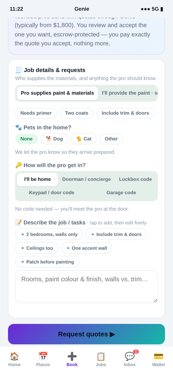 Booking painting in the Genie app — book painting with the scope captured up front