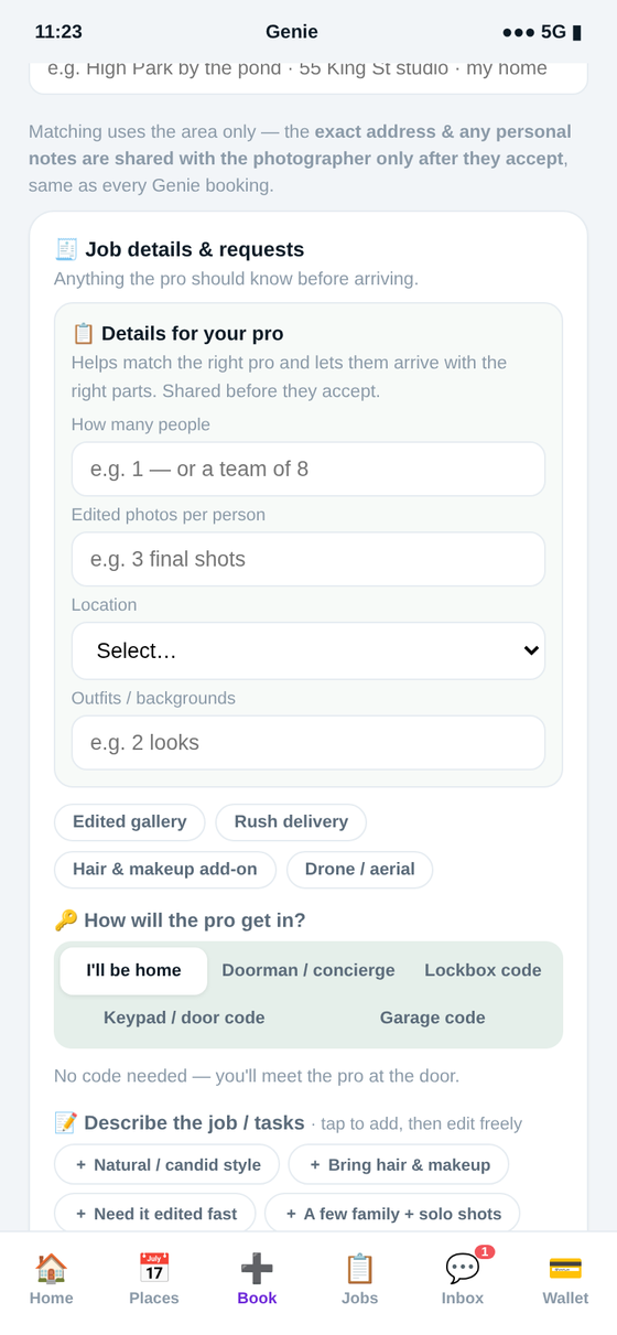 Booking photography & video in the Genie app — shoot type, people and location, all set up front