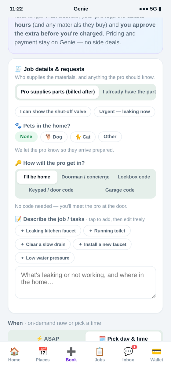 Booking plumbing in the Genie app — tell us the problem — a licensed plumber is matched