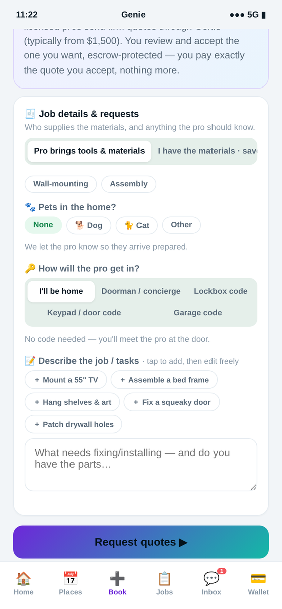 Booking renovation, gc & carpentry in the Genie app — describe your project and compare firm quotes