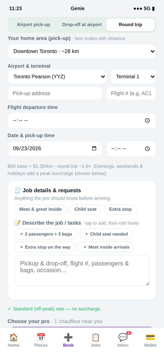 Booking chauffeur & airport in the Genie app — flight, terminal and pickup — fare by distance
