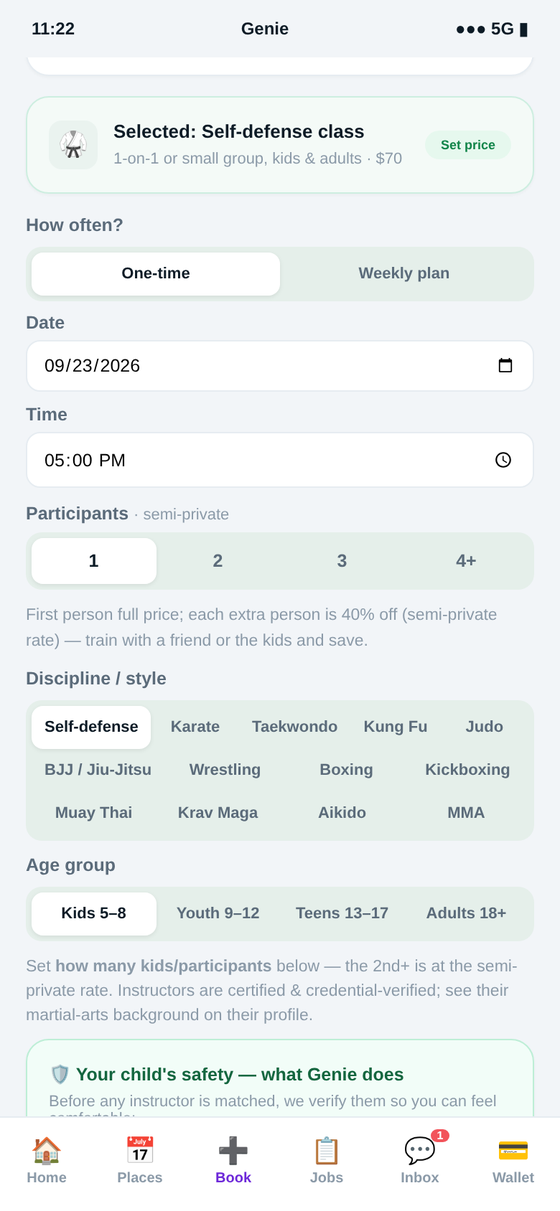 Booking self-defense & martial arts in the Genie app — pick the discipline, age group and class size