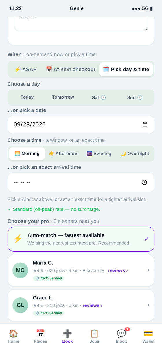 Booking airbnb & short-term rental in the Genie app — book a turnover the second your guest checks out