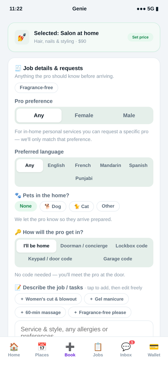 Booking beauty & wellness in the Genie app — salon-quality beauty & wellness, at your place